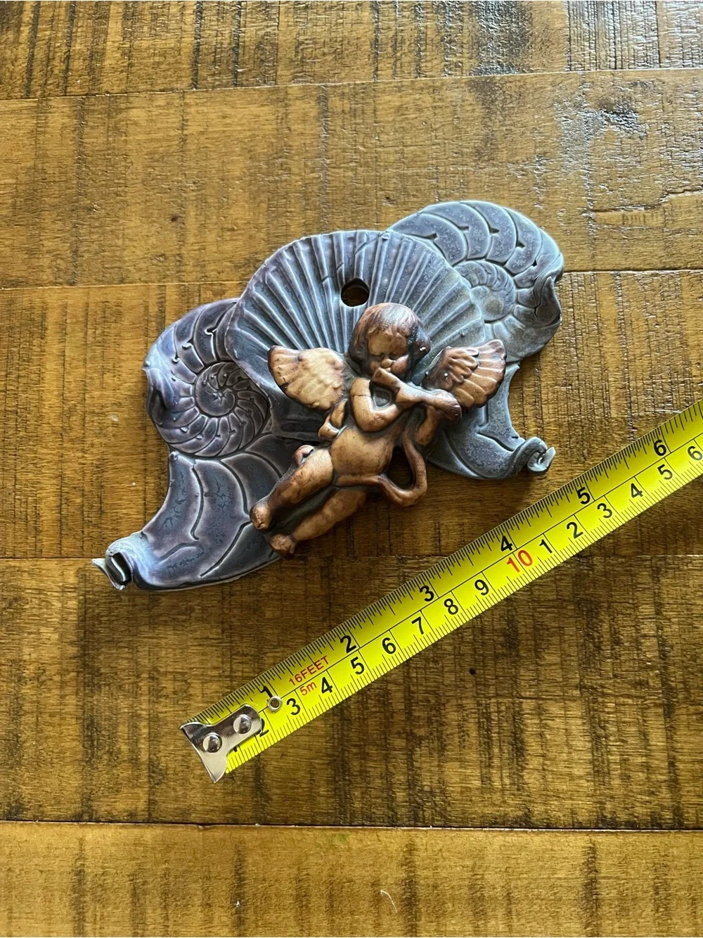 Whimsical Cherub Shell Wall Art Home Decor Plaque Ceramic Goth OOAK